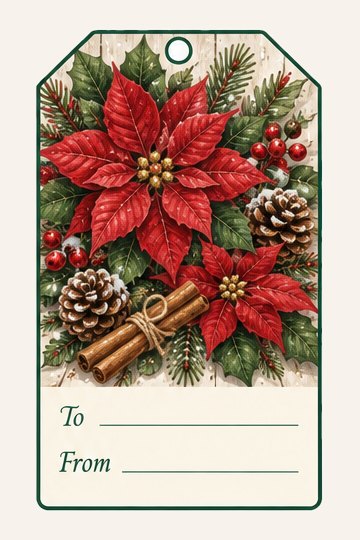 Poinsettia watercolor Christmas gift tag with To and From lines