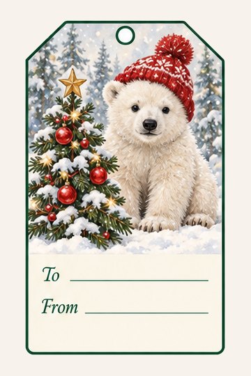 Polar Bear Cub watercolor Christmas gift tag with To and From lines