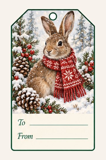 Rabbit in a Scarf watercolor Christmas gift tag with To and From lines