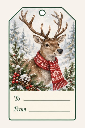 Reindeer in a Scarf watercolor Christmas gift tag with To and From lines