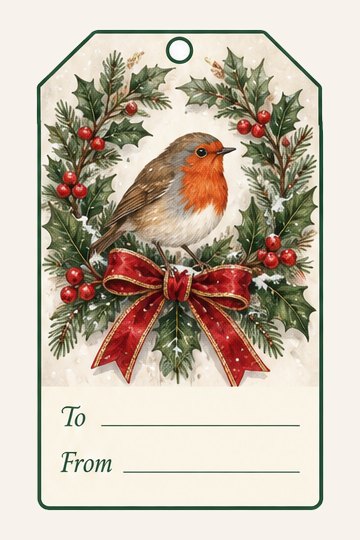 Robin in a Holly Wreath watercolor Christmas gift tag with To and From lines