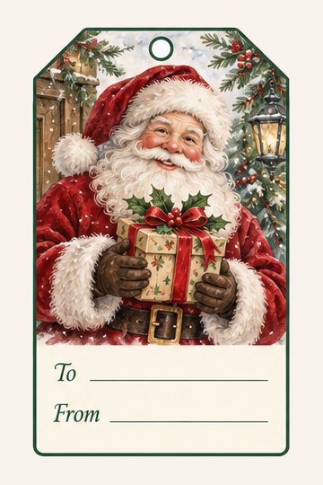 Santa Claus watercolor Christmas gift tag with To and From lines