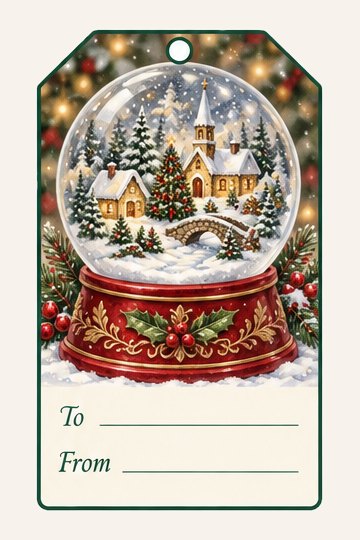 Snow Globe watercolor Christmas gift tag with To and From lines