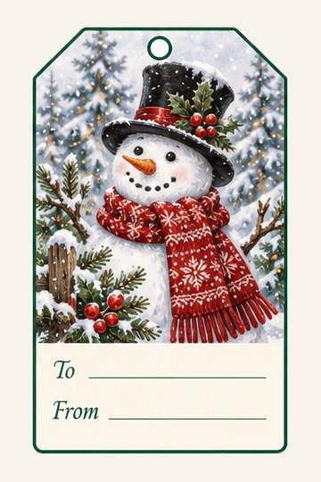 Snowman watercolor Christmas gift tag with To and From lines