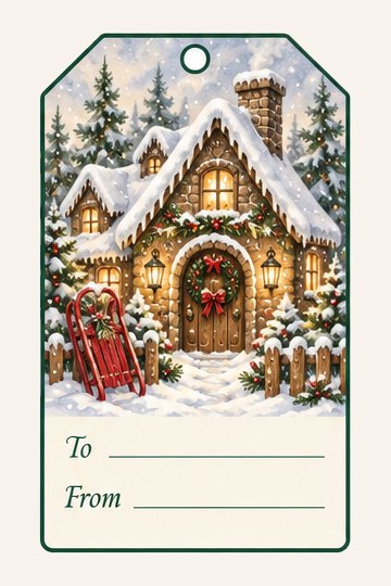 Snowy Cottage watercolor Christmas gift tag with To and From lines