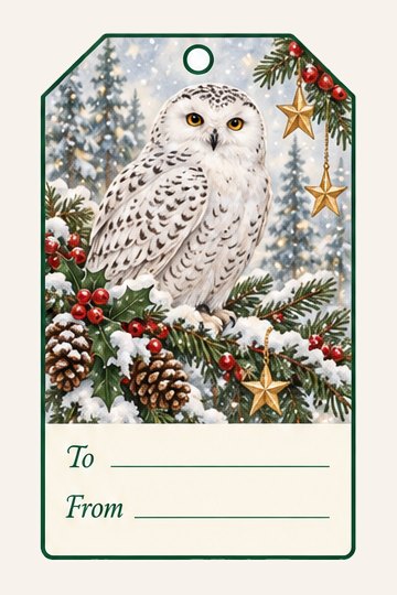 Snowy Owl watercolor Christmas gift tag with To and From lines