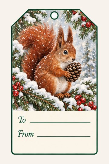 Red Squirrel watercolor Christmas gift tag with To and From lines