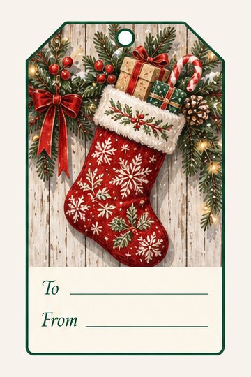 Christmas Stocking watercolor Christmas gift tag with To and From lines