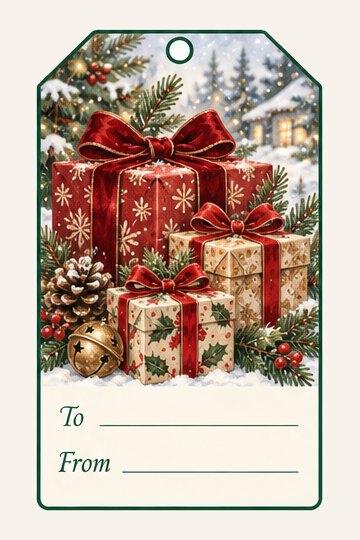 Wrapped Gifts watercolor Christmas gift tag with To and From lines
