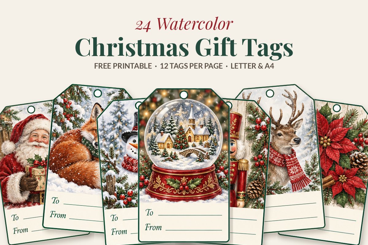 Free printable watercolor Christmas gift tags with Santa, a fox, a snowman, a snow globe, a nutcracker, a reindeer and a poinsettia