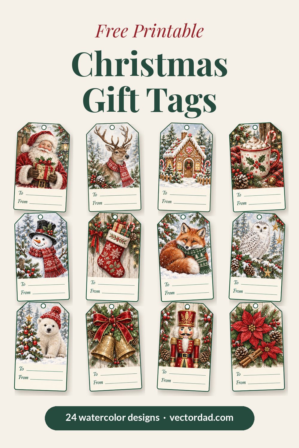 Free printable Christmas gift tags from VectorDad — 24 watercolor designs