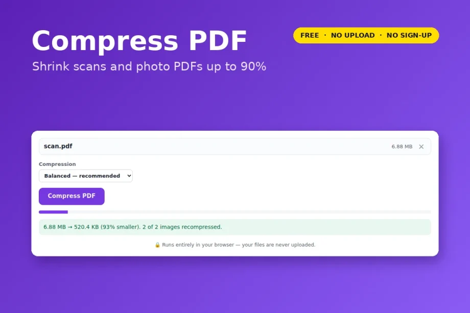 Compress PDF tool shrinking a 6.9 MB PDF to 520 KB