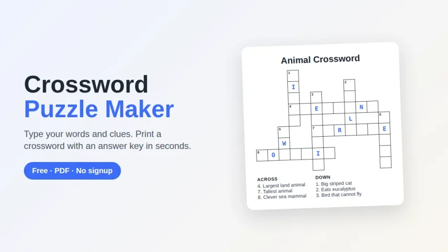 Free crossword puzzle maker — a printable animal crossword with numbered grid and clues