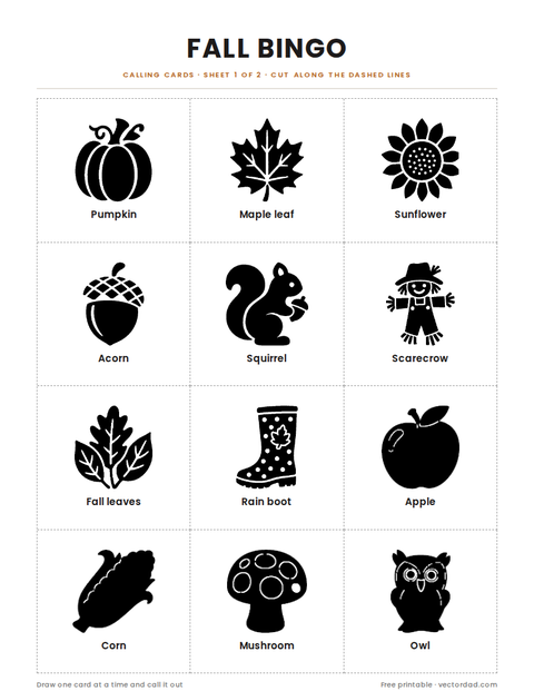 Printable fall bingo โ Calling cards + 99 markers