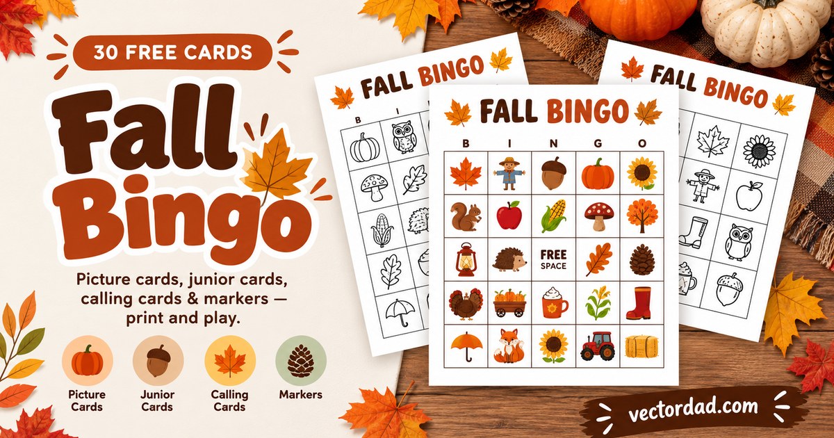 Printable fall bingo cards with pumpkins, acorns, leaves and scarecrows, plus calling cards
