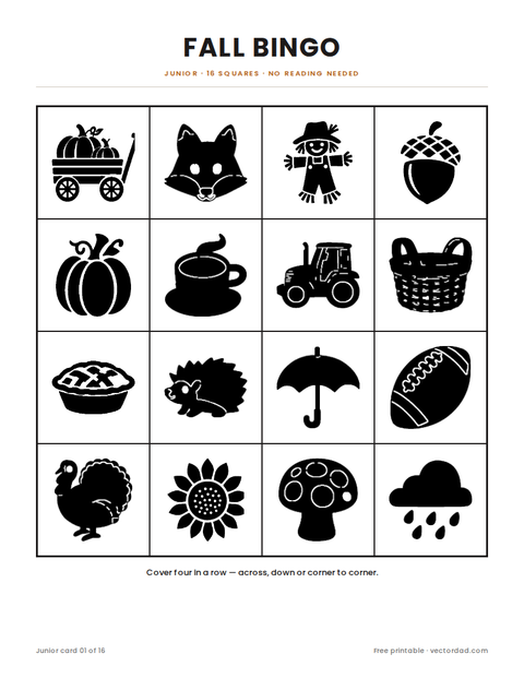 Printable fall bingo โ 16 junior cards ยท 4 ร 4