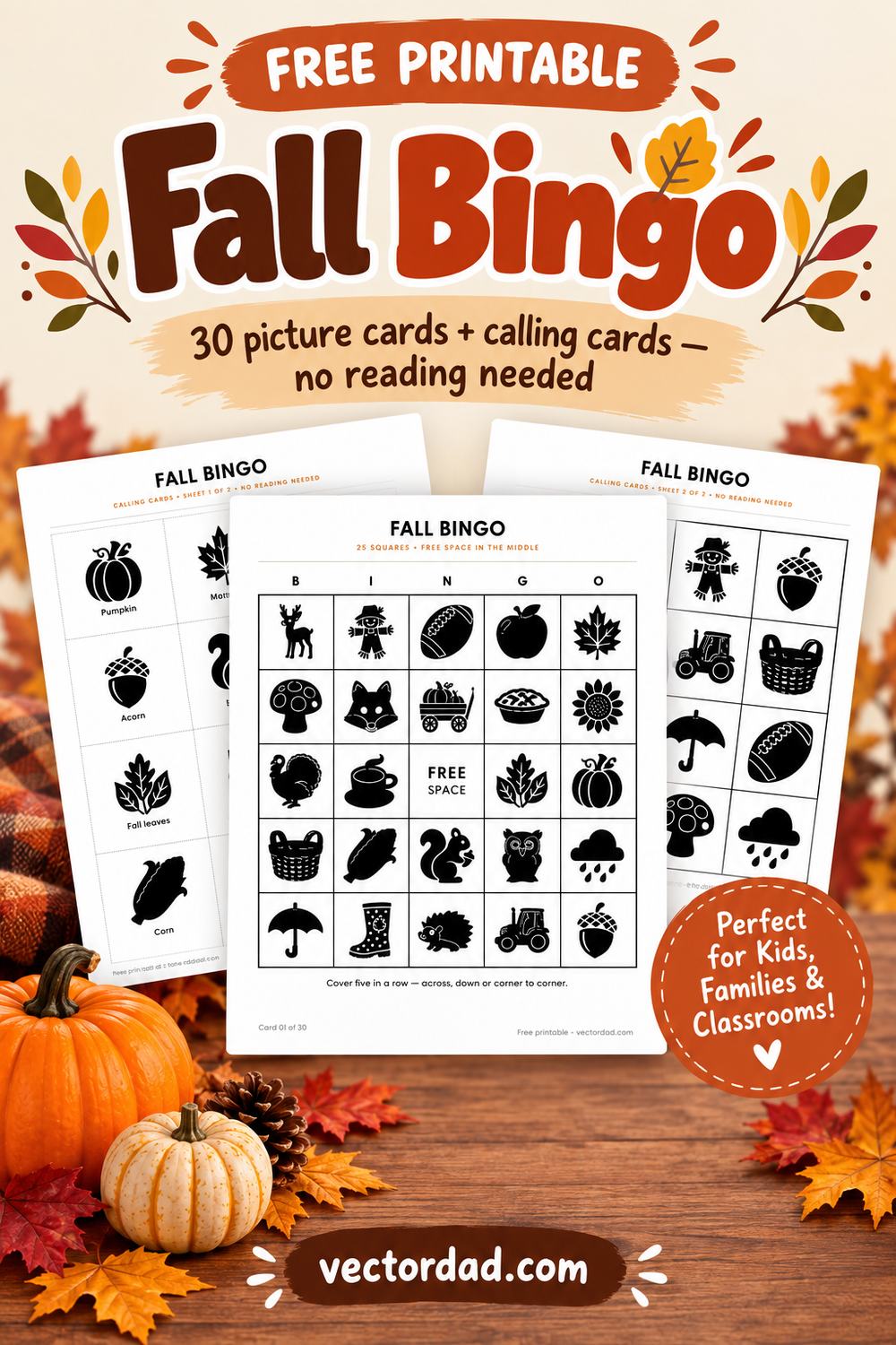 Free printable fall bingo cards from VectorDad โ 30 picture cards