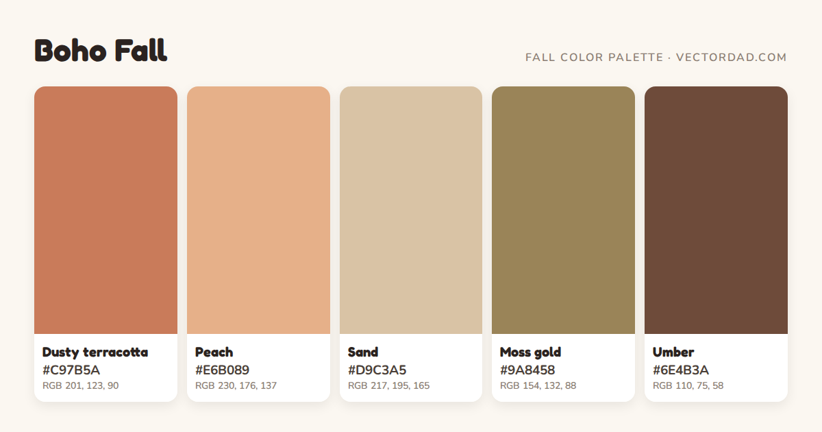 Boho Fall fall color palette with HEX codes #C97B5A, #E6B089, #D9C3A5, #9A8458, #6E4B3A