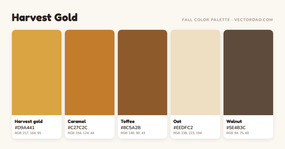 Harvest Gold fall color palette with HEX codes #D9A441, #C27C2C, #8C5A2B, #EEDFC2, #5E4B3C