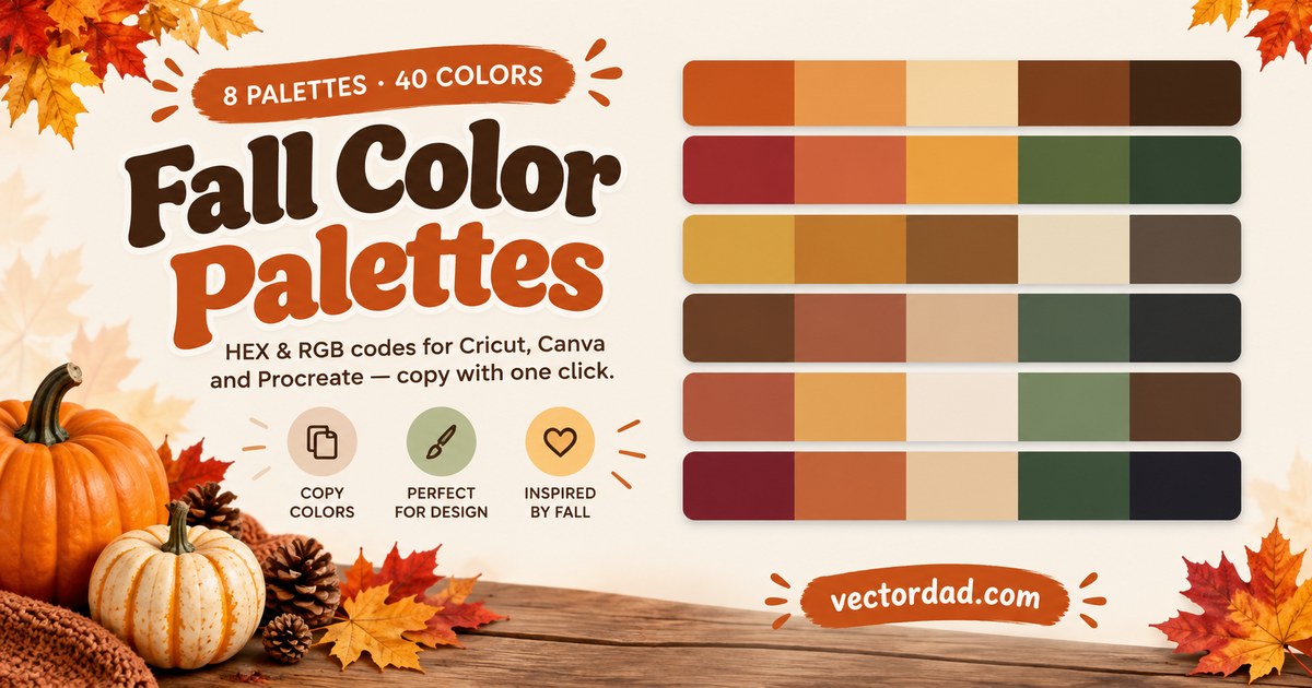 Fall color palettes โ burnt orange, maple red, mustard, olive and brown swatches with HEX codes