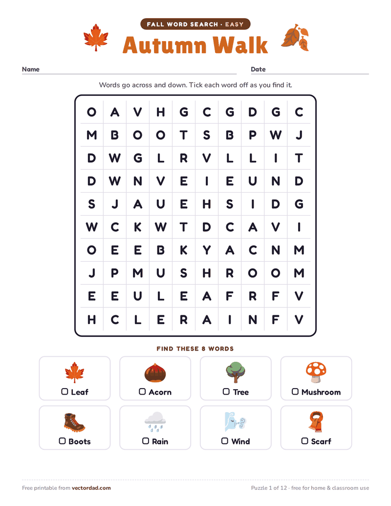 Printable fall word search — Autumn Walk (easy, 8 words)