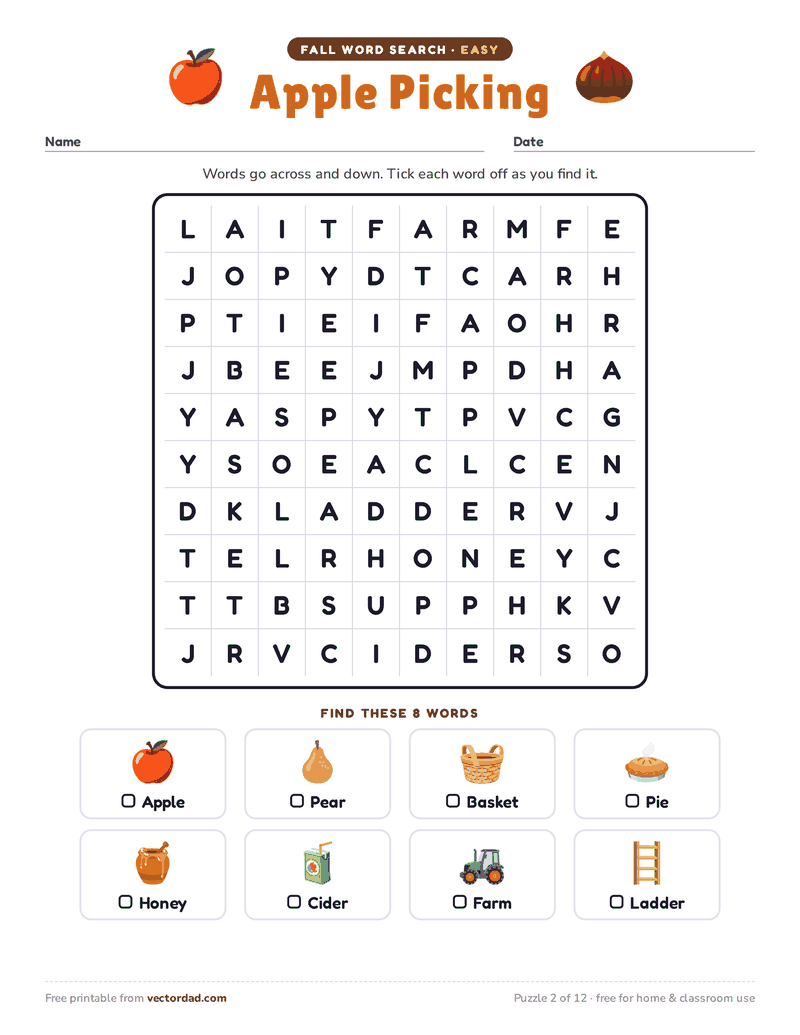 Printable fall word search — Apple Picking (easy, 8 words)