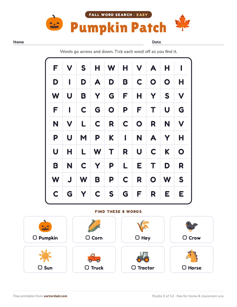 Printable fall word search — Pumpkin Patch (easy, 8 words)