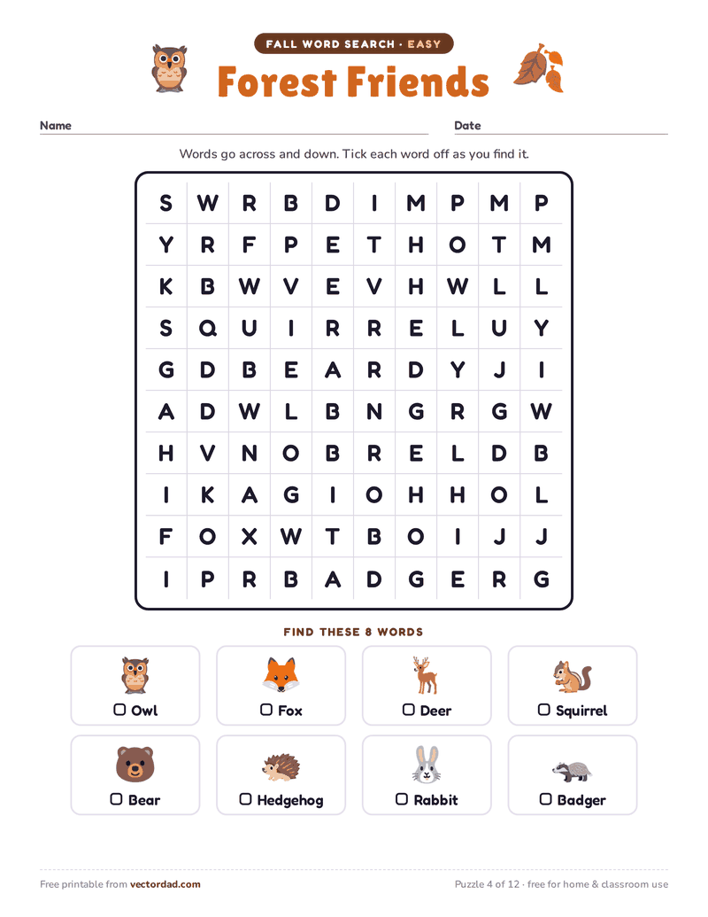 Printable fall word search — Forest Friends (easy, 8 words)