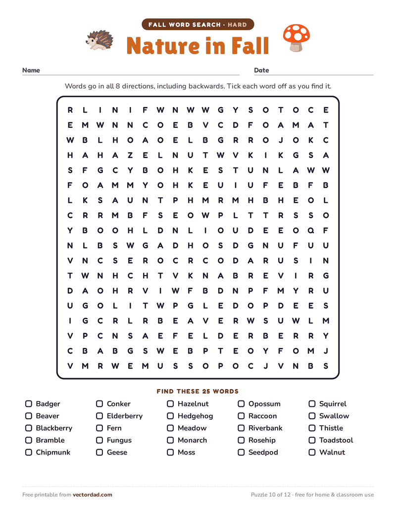 Printable fall word search — Nature in Fall (hard, 25 words)
