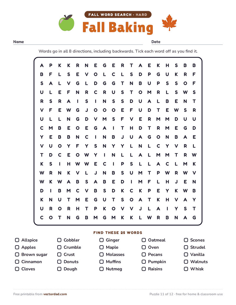 Printable fall word search — Fall Baking (hard, 25 words)