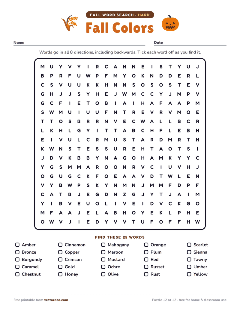 Printable fall word search — Fall Colors (hard, 25 words)