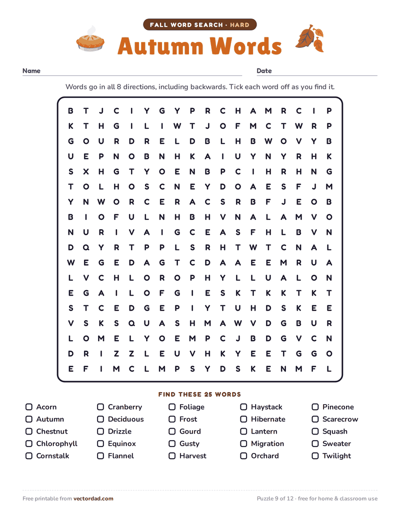 Printable fall word search — Autumn Words (hard, 25 words)