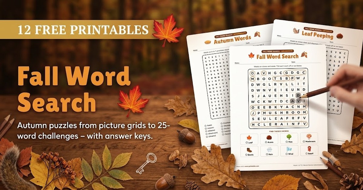 Printable fall word search puzzles — easy picture puzzles, medium and hard autumn grids with answer keys