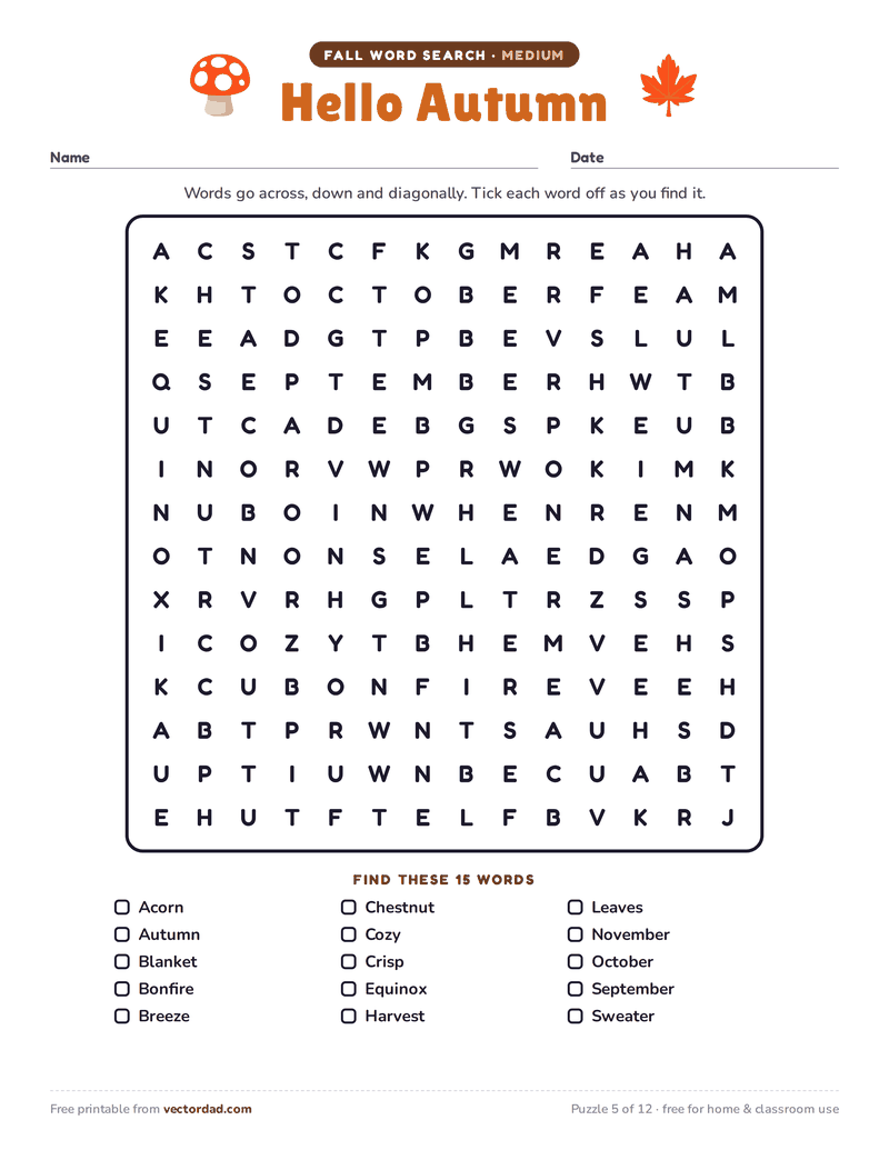 Printable fall word search — Hello Autumn (medium, 15 words)