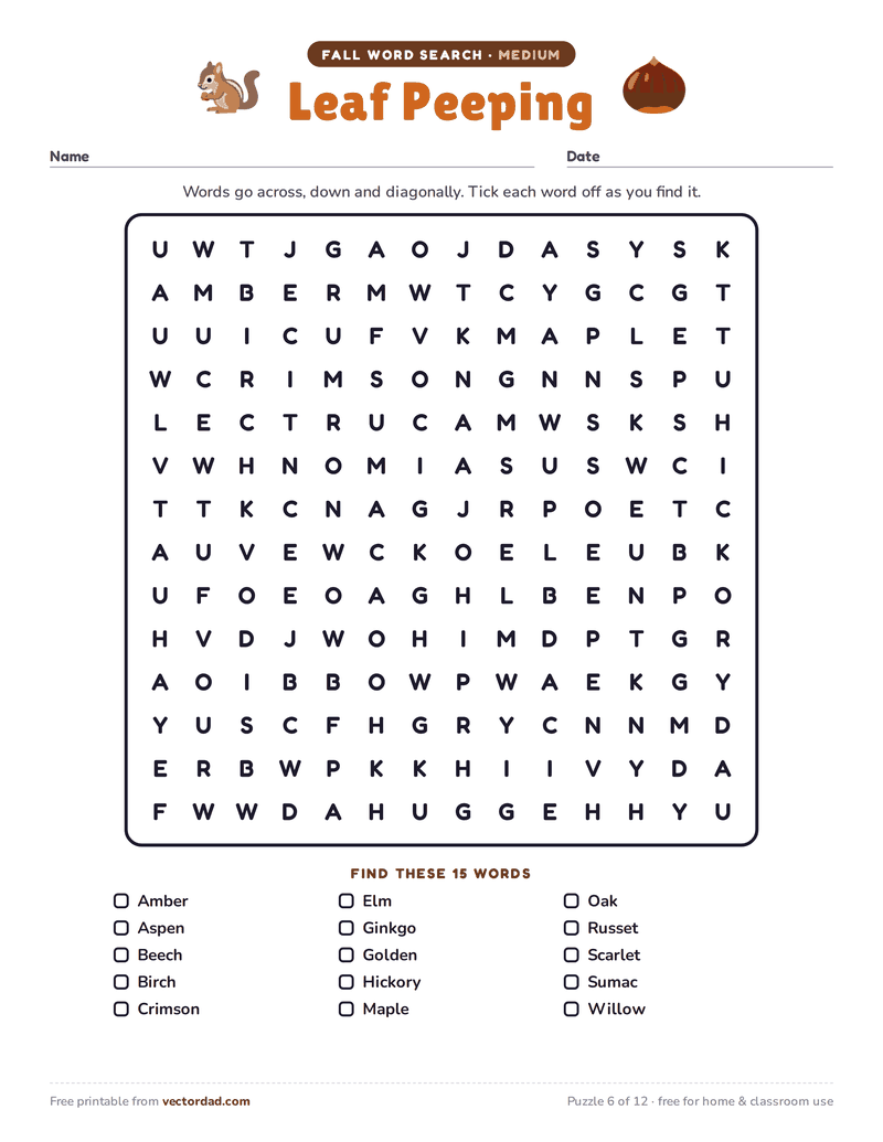 Printable fall word search — Leaf Peeping (medium, 15 words)
