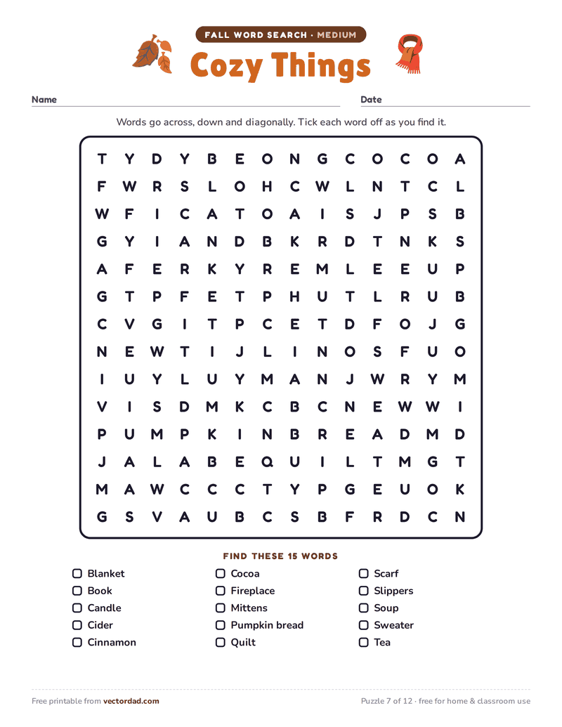 Printable fall word search — Cozy Things (medium, 15 words)