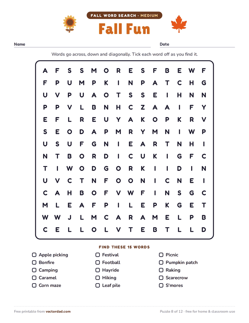 Printable fall word search — Fall Fun (medium, 15 words)