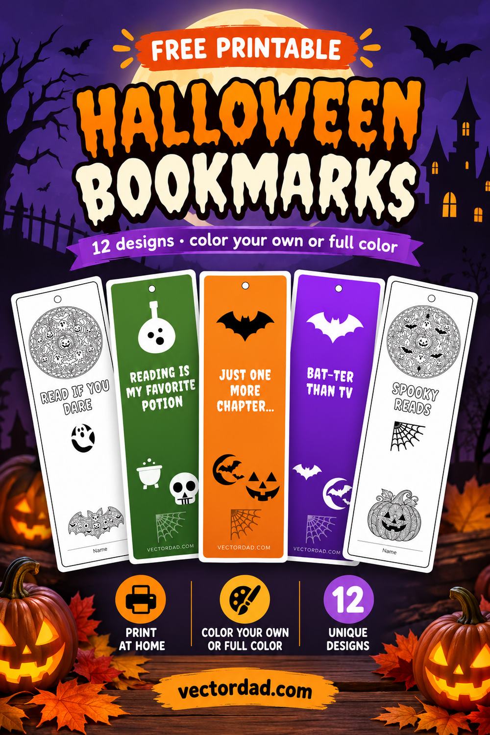 Free printable Halloween bookmarks from VectorDad β 12 designs to color and in full color