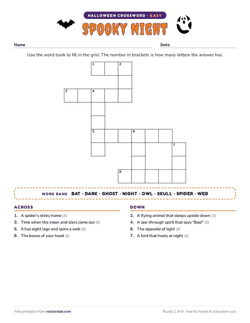 Printable Halloween crossword puzzle — Spooky Night (easy, 8 words)