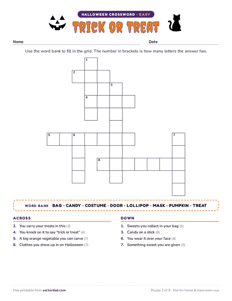 Printable Halloween crossword puzzle — Trick or Treat (easy, 8 words)