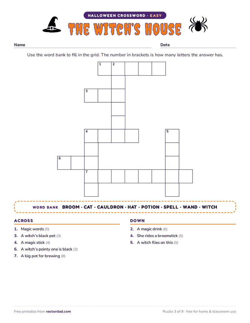 Printable Halloween crossword puzzle — The Witch’s House (easy, 8 words)