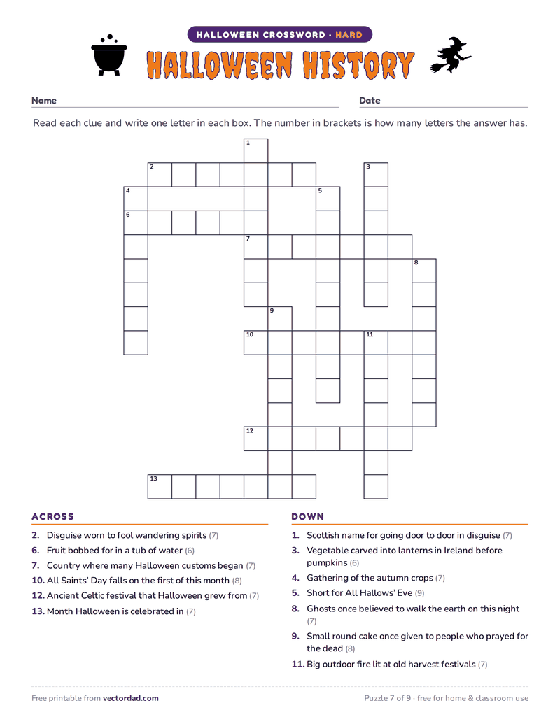 Printable Halloween crossword puzzle — Halloween History (hard, 13 words)