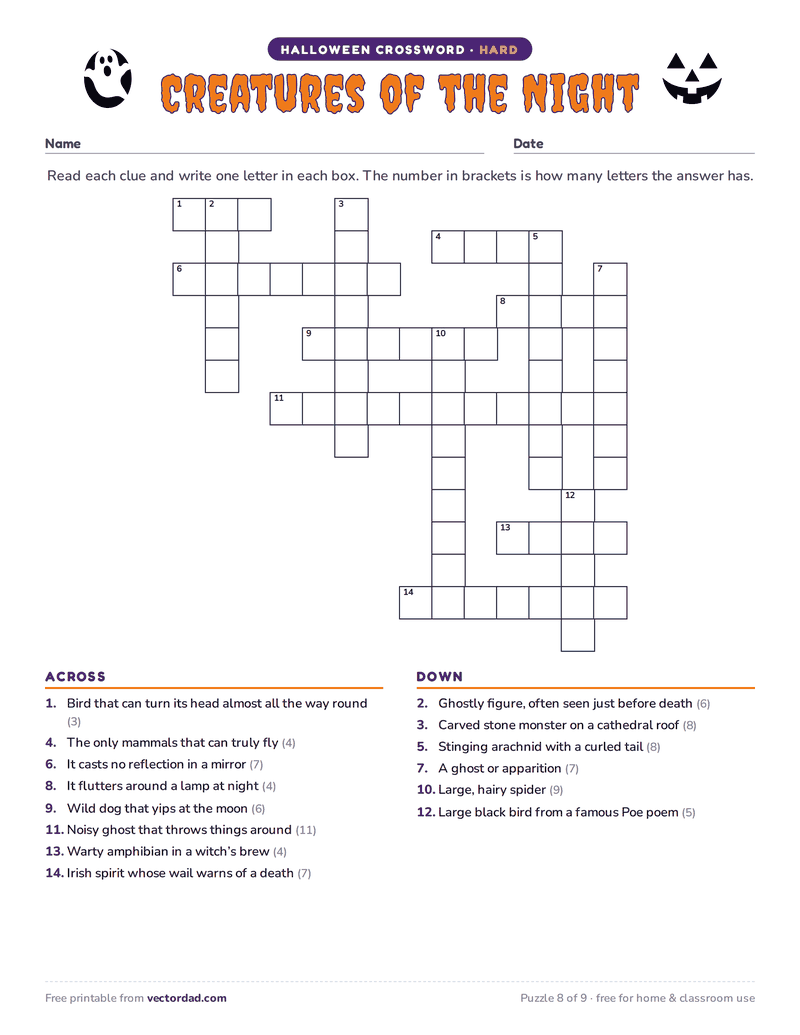 Printable Halloween crossword puzzle — Creatures of the Night (hard, 14 words)
