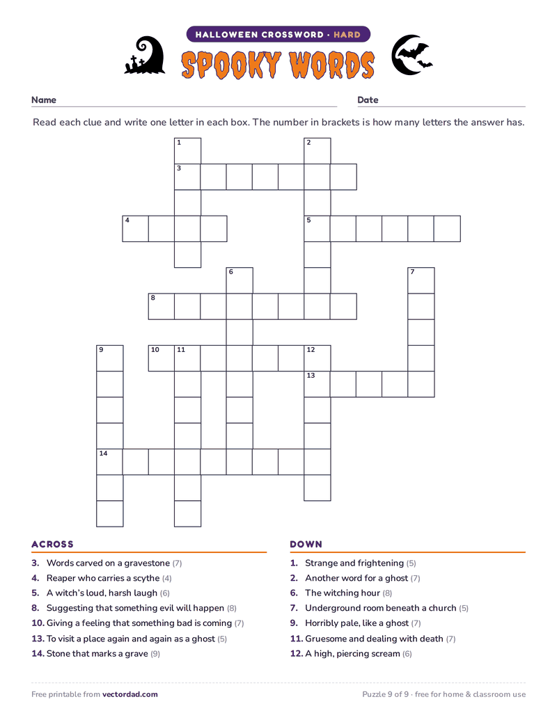 Printable Halloween crossword puzzle — Spooky Words (hard, 14 words)