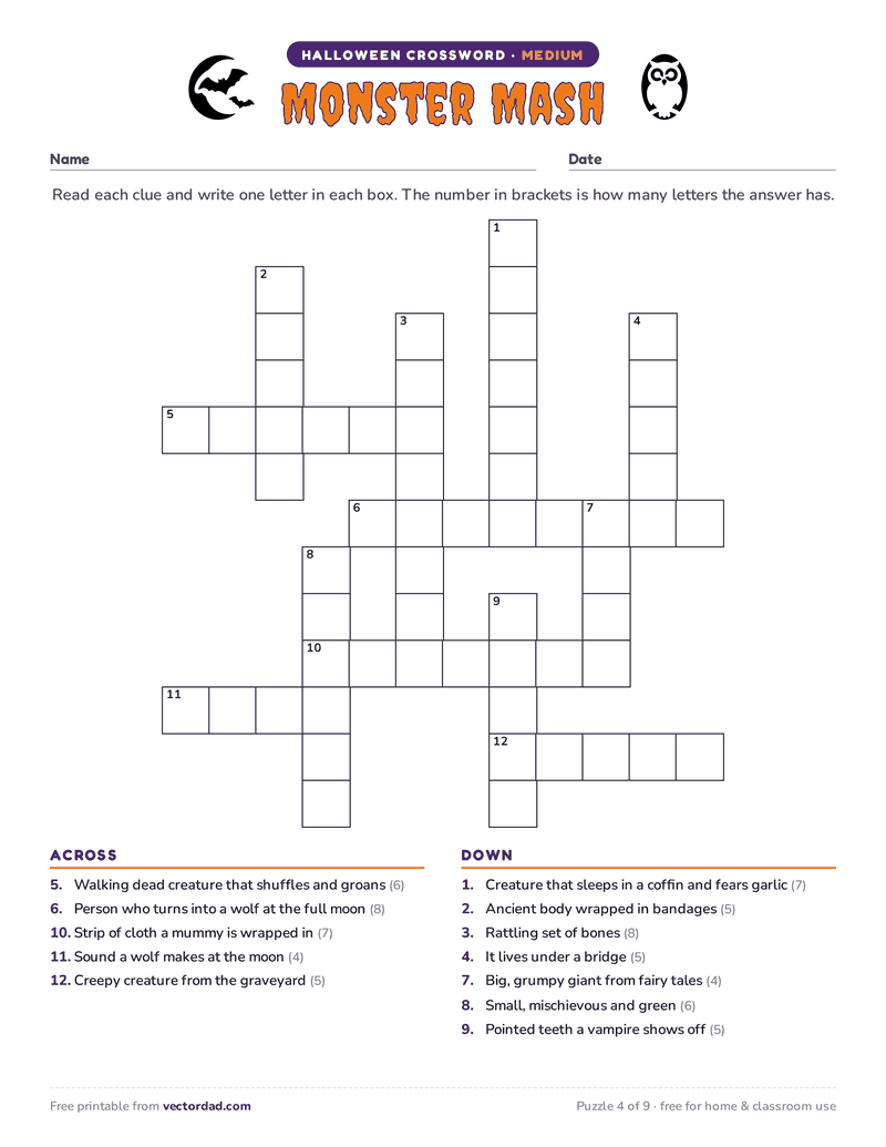 Printable Halloween crossword puzzle — Monster Mash (medium, 12 words)