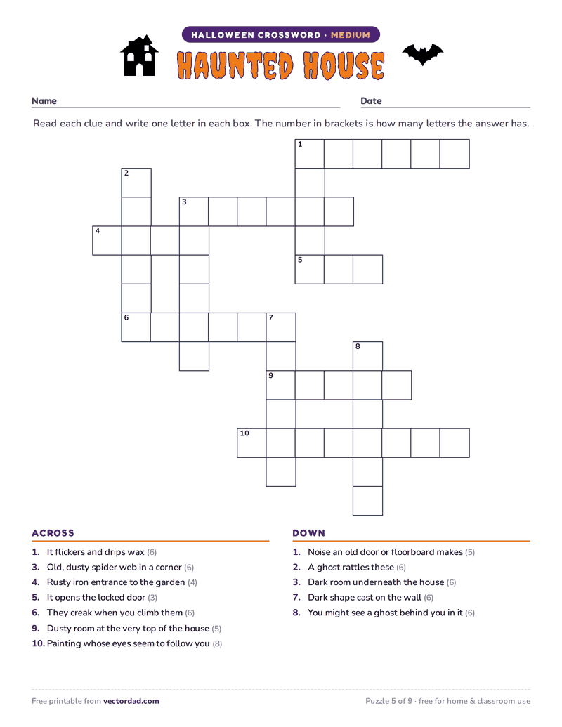 Printable Halloween crossword puzzle — Haunted House (medium, 12 words)