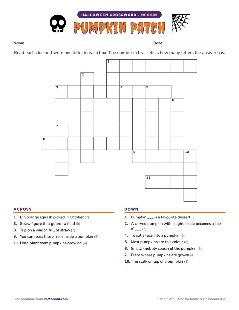 Printable Halloween crossword puzzle — Pumpkin Patch (medium, 12 words)