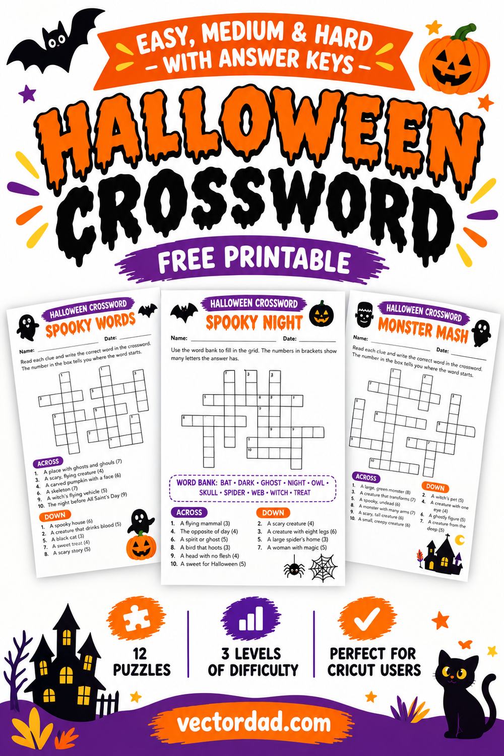 Free printable Halloween crossword puzzles with answer keys from VectorDad