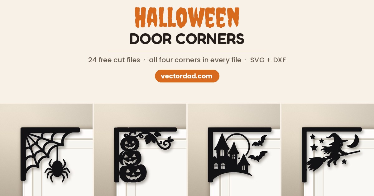 Free Halloween door corner SVG cut files โ cobwebs, pumpkins, cats, bats, witches and ghosts