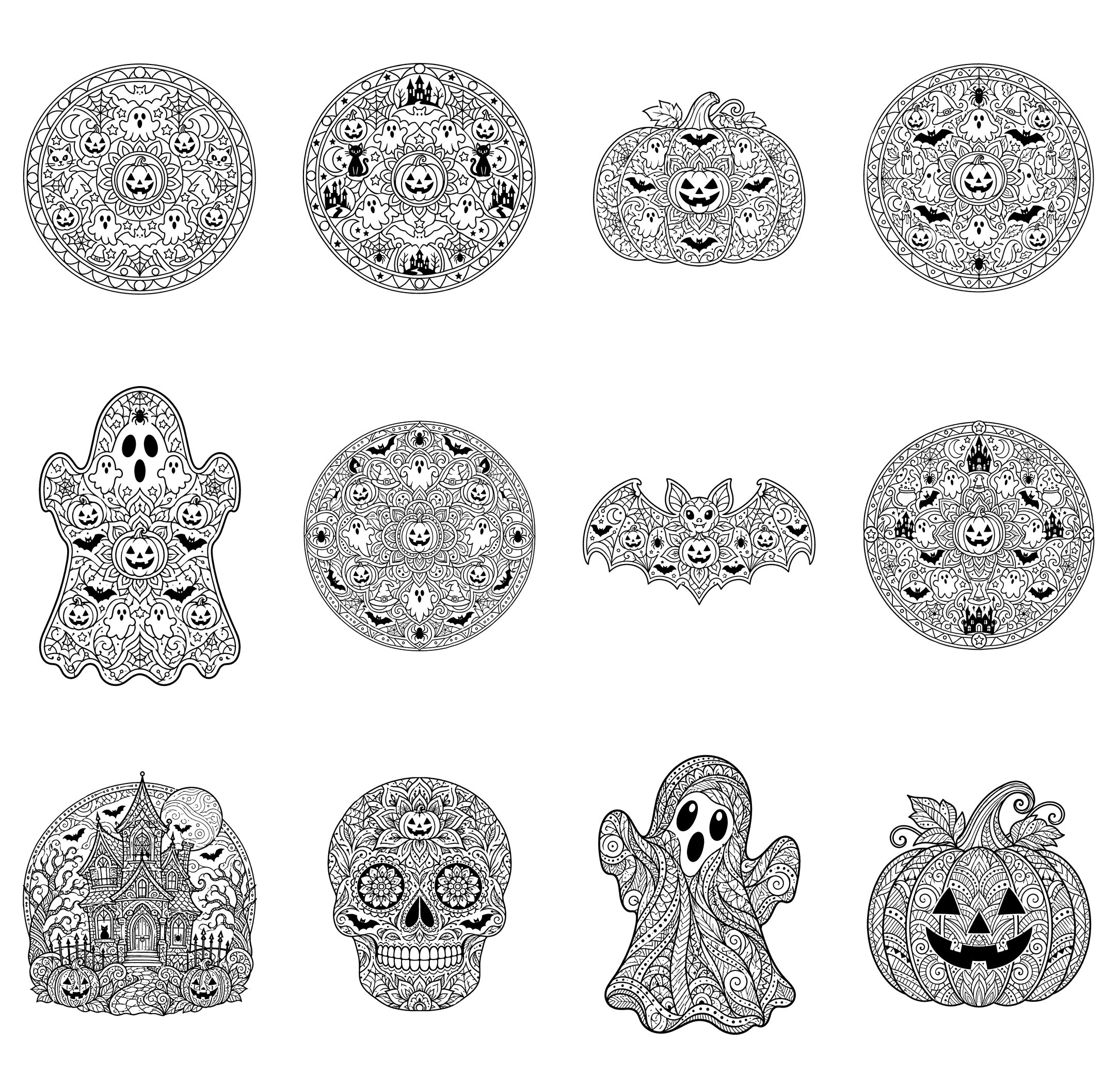 Halloween mandala coloring pages contact sheet - 12 free printable designs
